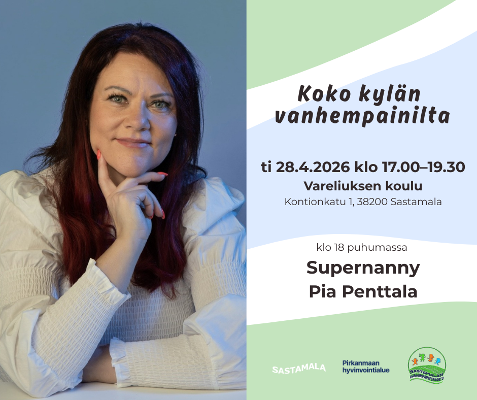 Koko kylän vanhempainilta mainos. Kuvassa kasvokuva Supernanny Pia Penttalasta.