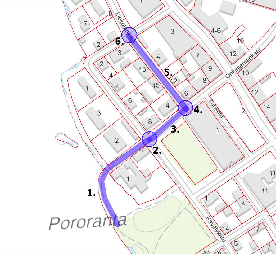 Kartta työmaan vaiheittaisesta tenemisestä välillä Pororanta - Onkiniemenkatu - Liekolankatu