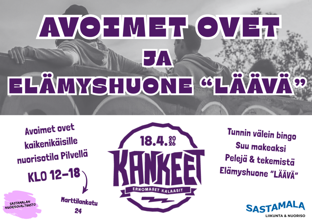 Avoimet ovet nuorisotila Pilvellä 18.4.2026 klo 12-18 kaikenikäisille. Ohjelmassa bingo, elämyshuone, pelejä ja pientä purtavaa.
